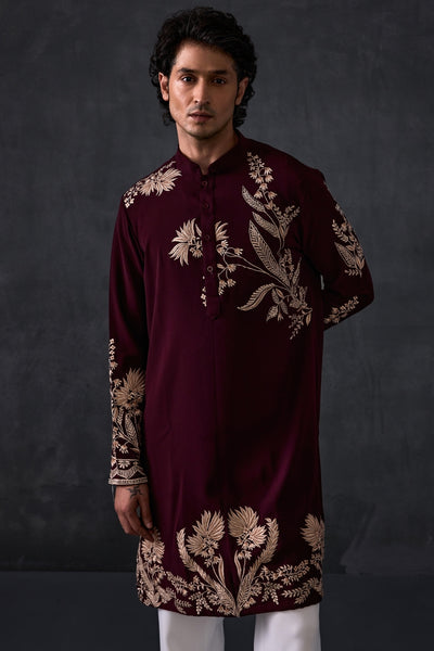 Wine Embroidered Kurta And Trousers