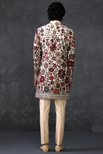 Ivory Floral Embellished Indowestern With Trousers