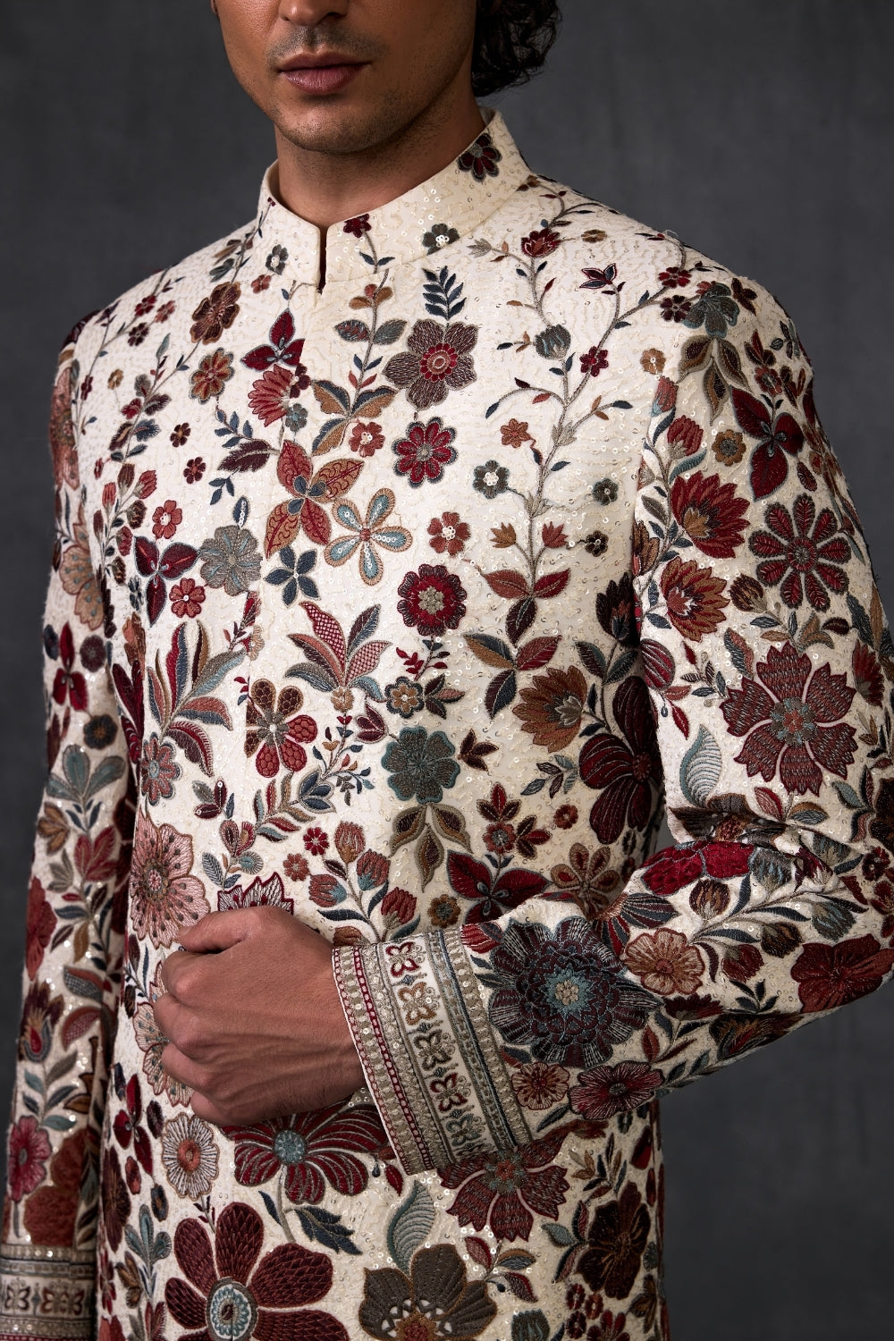 Ivory Floral Embellished Indowestern With Trousers