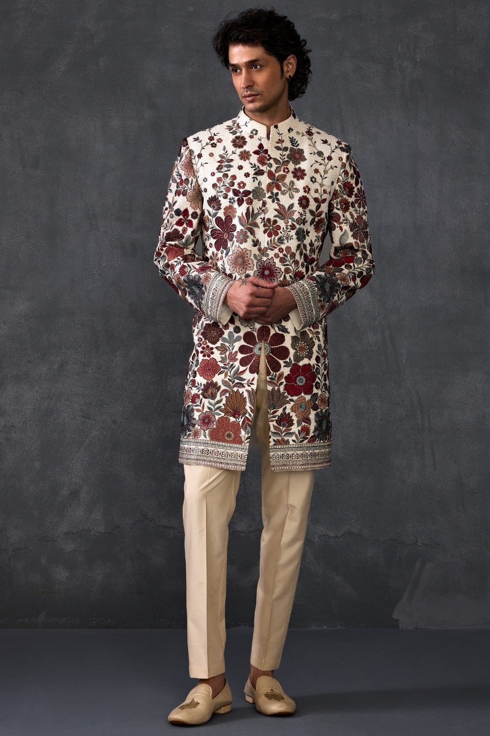 Ivory Floral Embellished Indowestern With Trousers