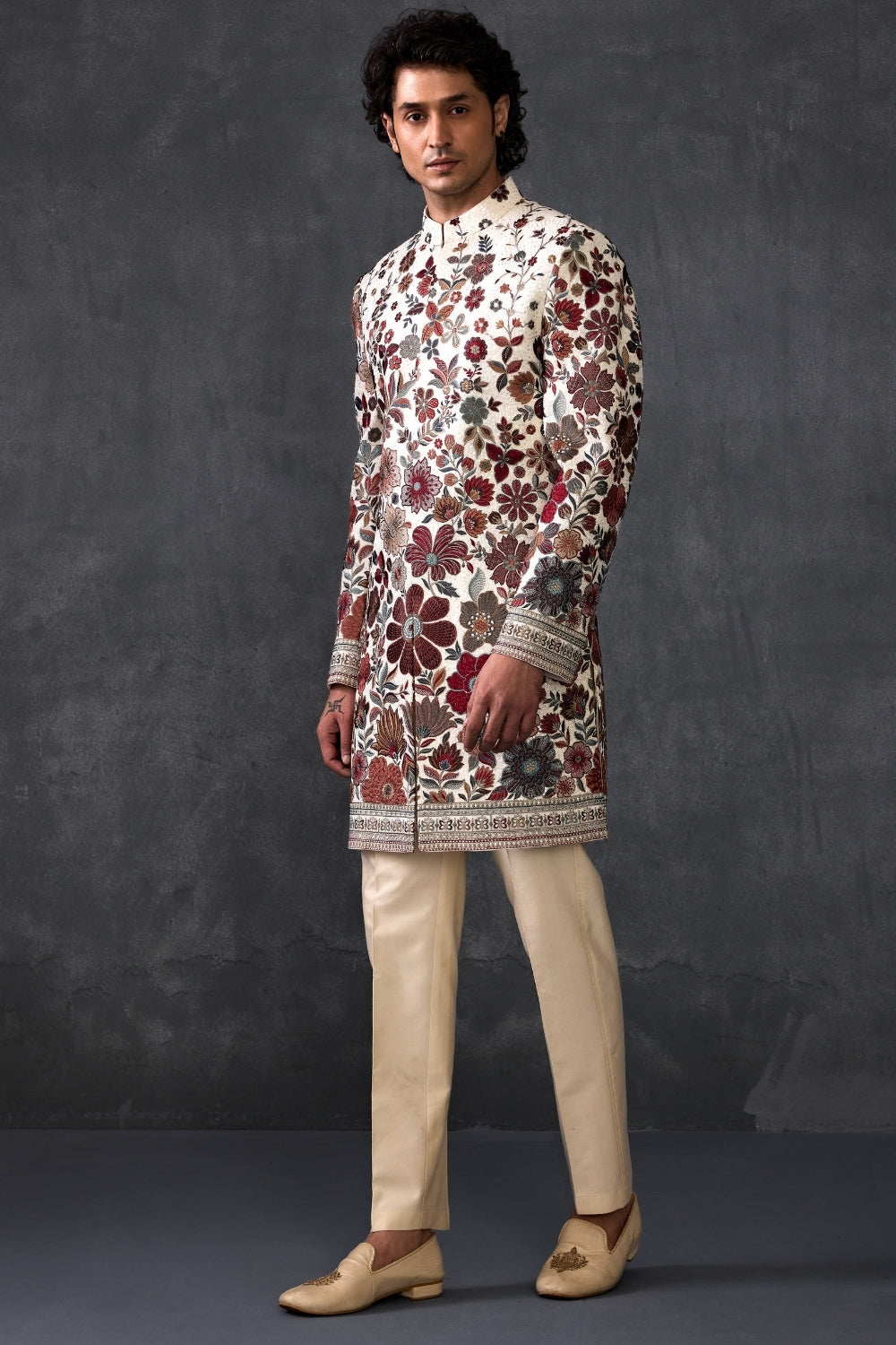 Ivory Floral Embellished Indowestern With Trousers