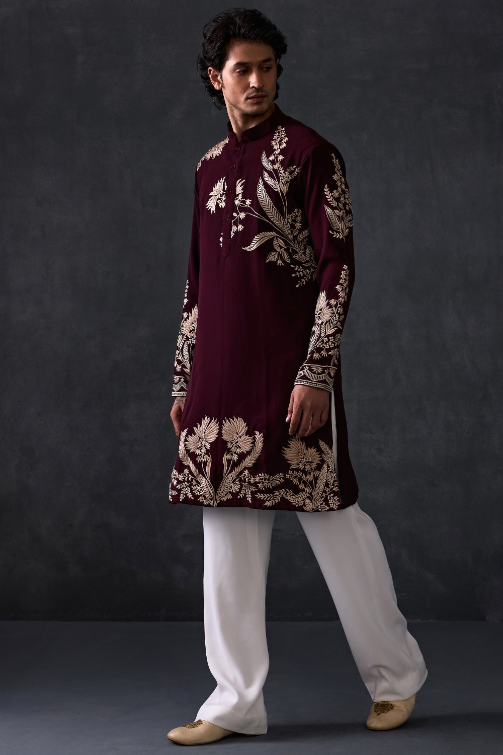 Wine Embroidered Kurta And Trousers