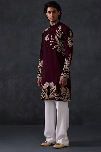 Wine Embroidered Kurta And Trousers