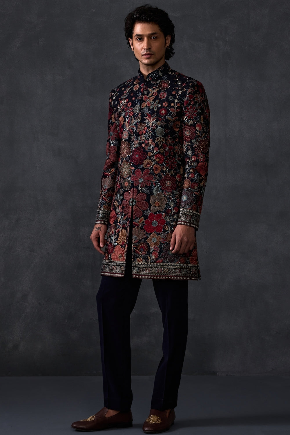 Floral Embellished Indowestern With Navy Trousers