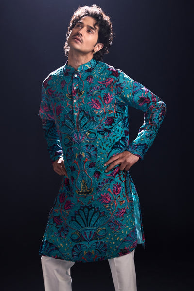 Blue Kurta with Applique Work and White Pants