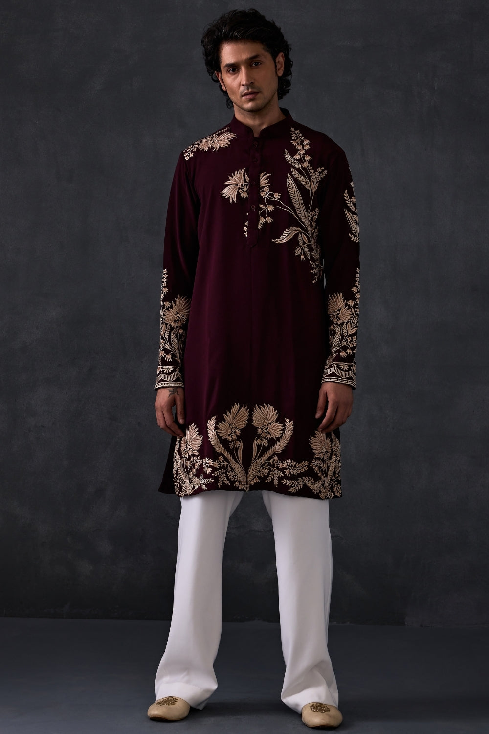 Wine Embroidered Kurta And Trousers