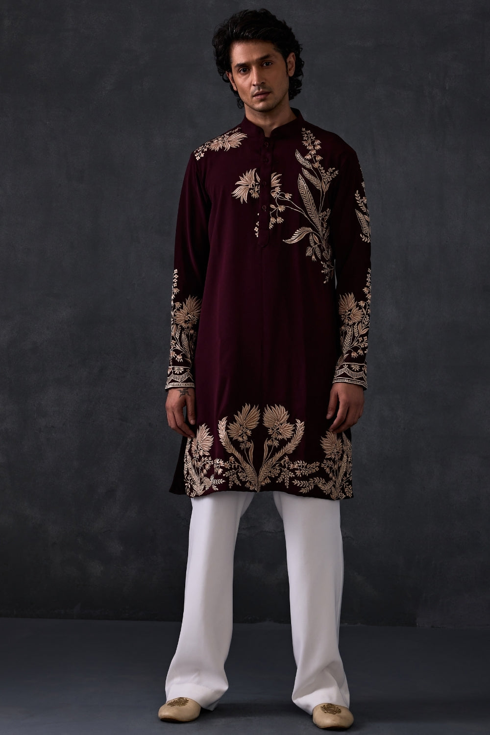 Wine Embroidered Kurta And Trousers