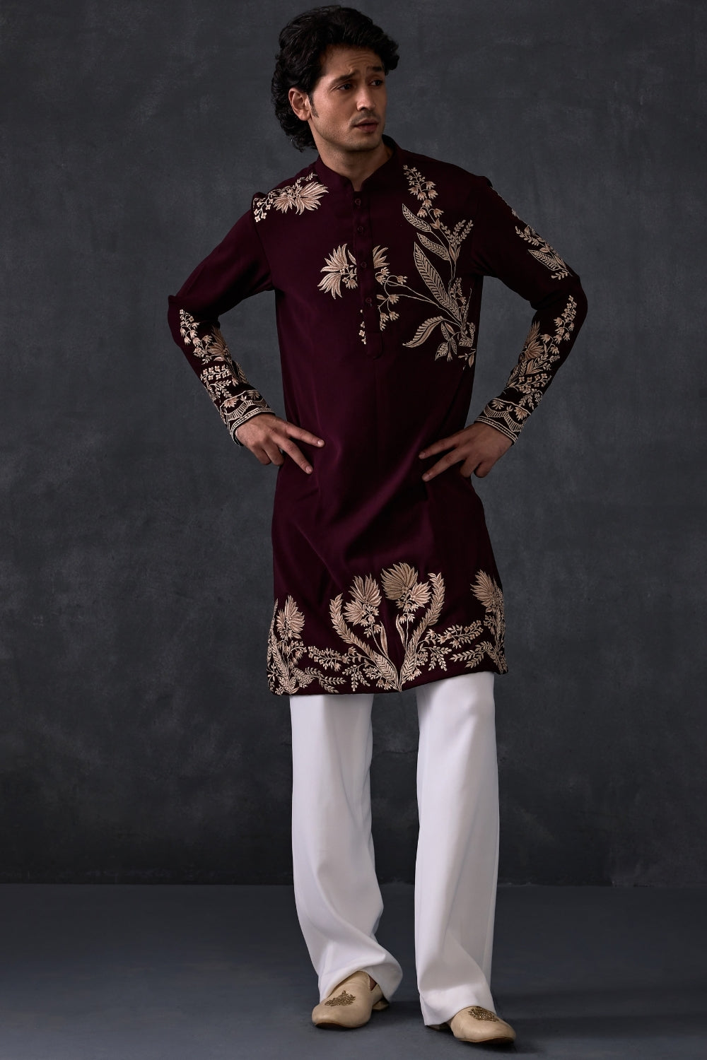 Wine Embroidered Kurta And Trousers