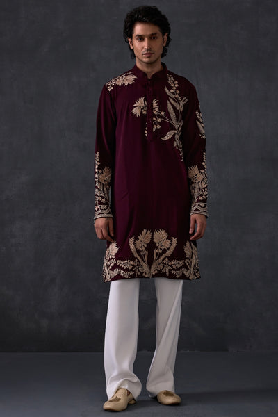 Wine Embroidered Kurta And Trousers