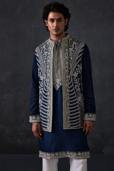 Navy Blue Jacket And Kurta Set