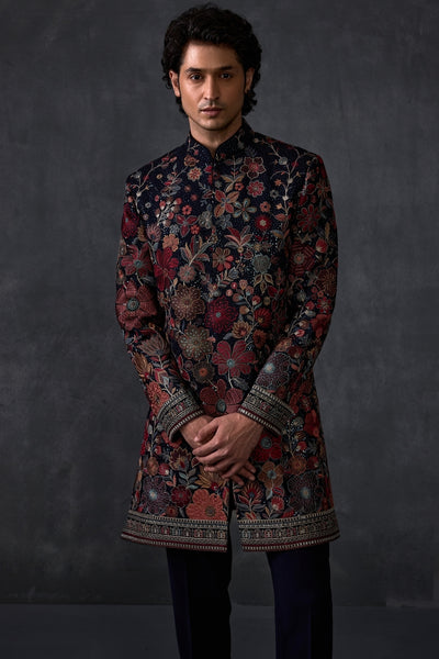 Floral Embellished Indowestern With Navy Trousers