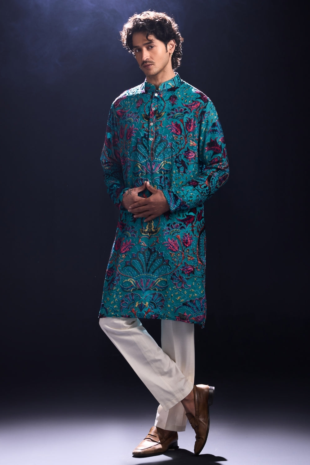 Blue Kurta with Applique Work and White Pants