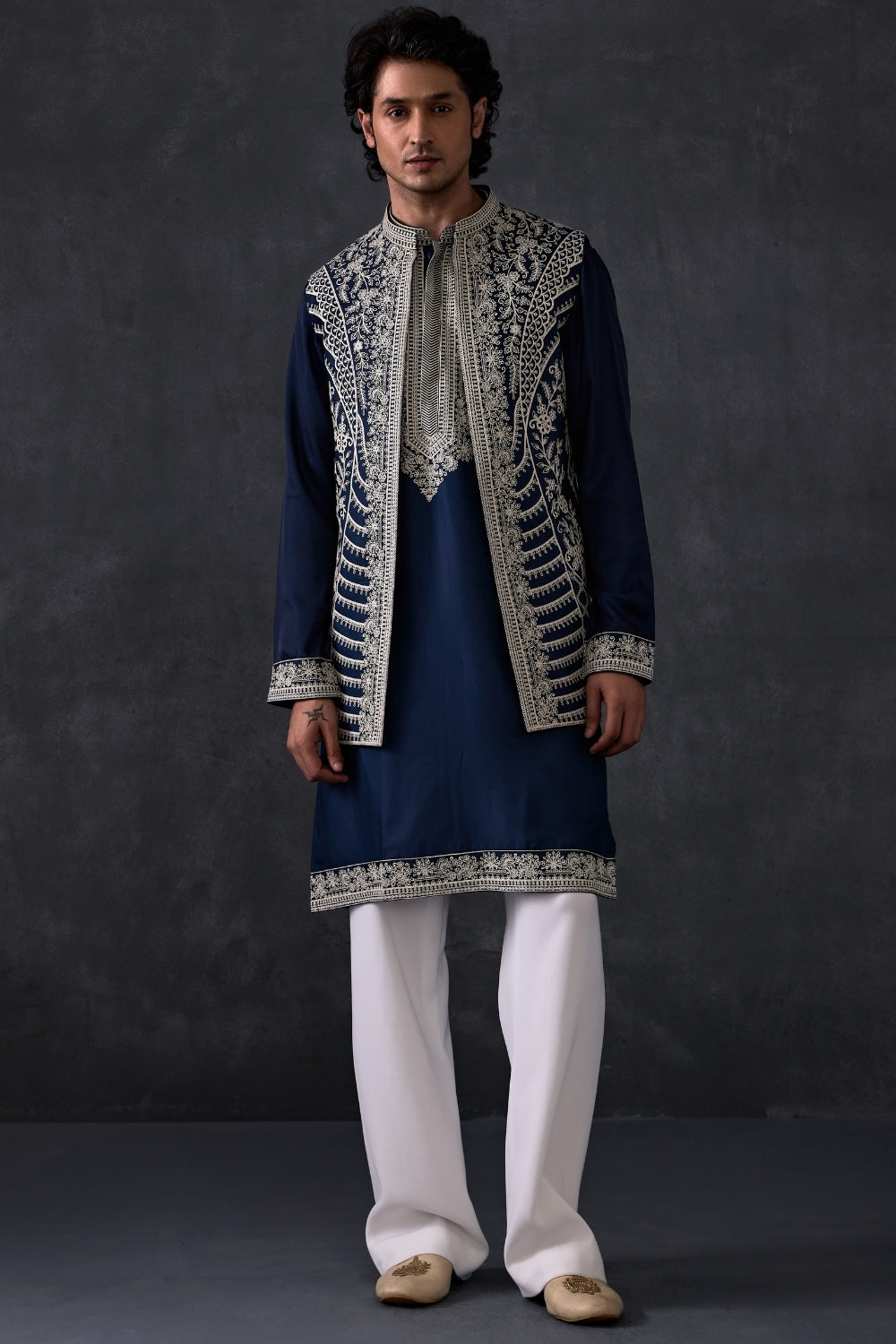 Navy Blue Jacket And Kurta Set