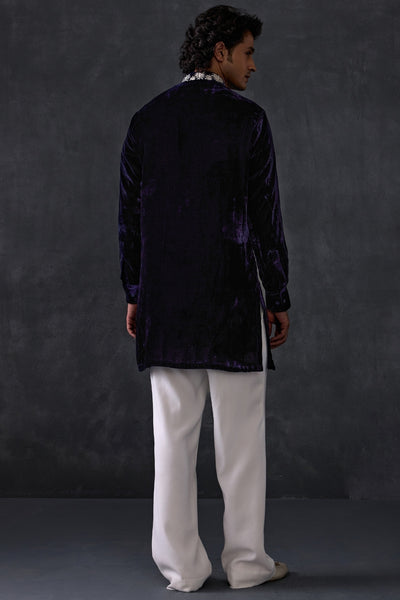 Navy Velvet Kurta With Bootleg Trousers