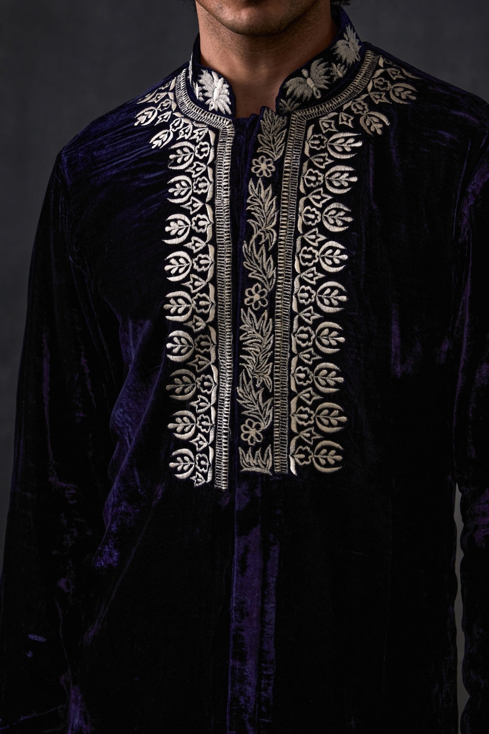 Navy Velvet Kurta With Bootleg Trousers