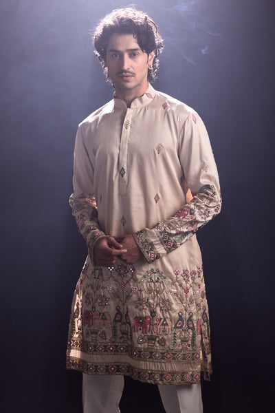 Beige Kurta with Embroidery and Pants