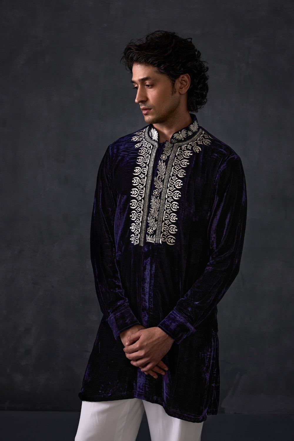 Navy Velvet Kurta With Bootleg Trousers