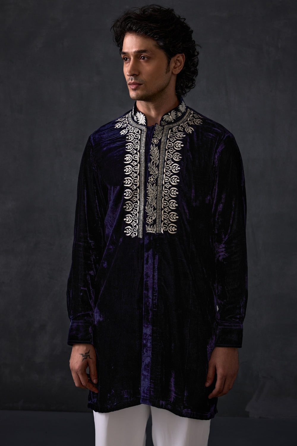 Navy Velvet Kurta With Bootleg Trousers