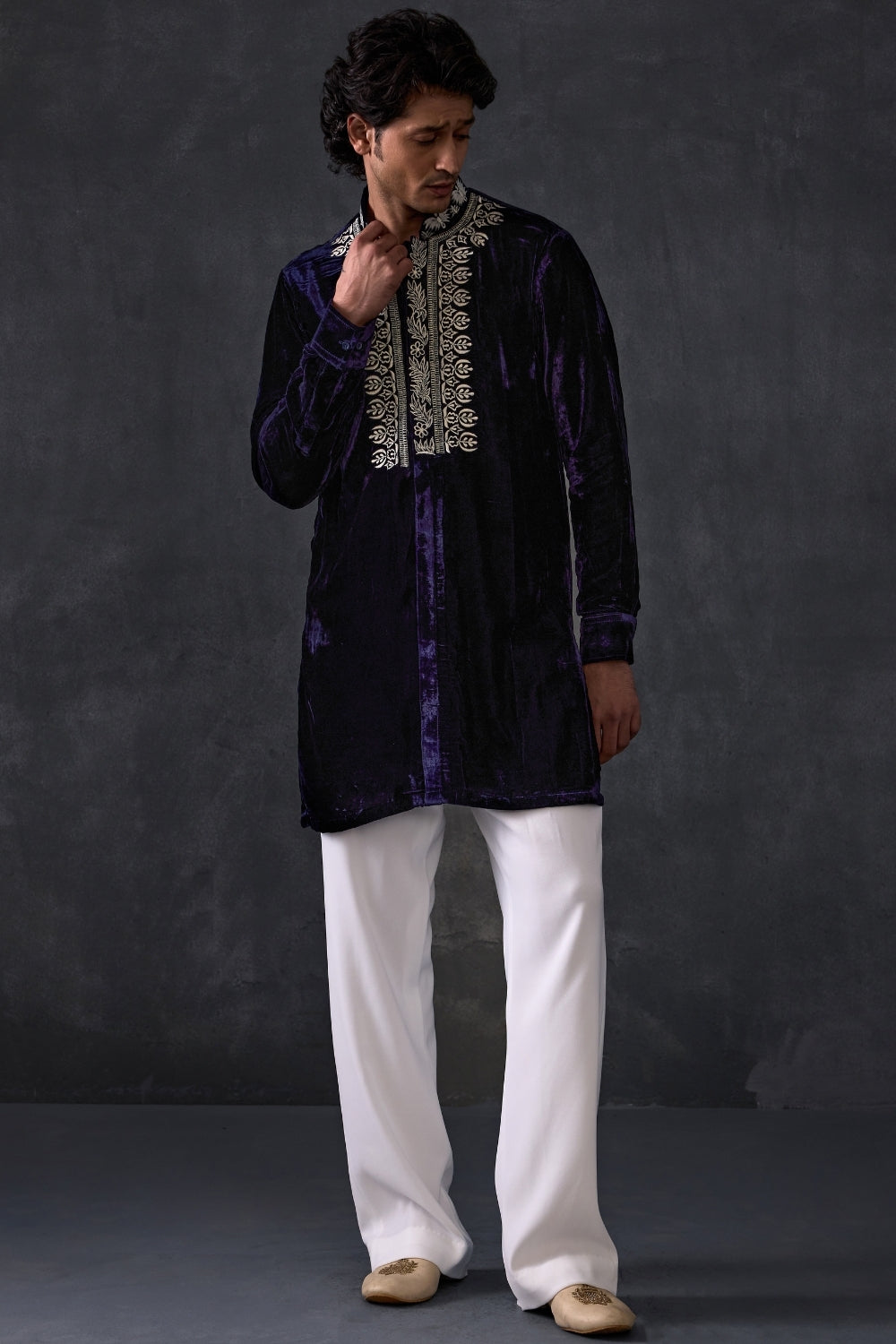 Navy Velvet Kurta With Bootleg Trousers