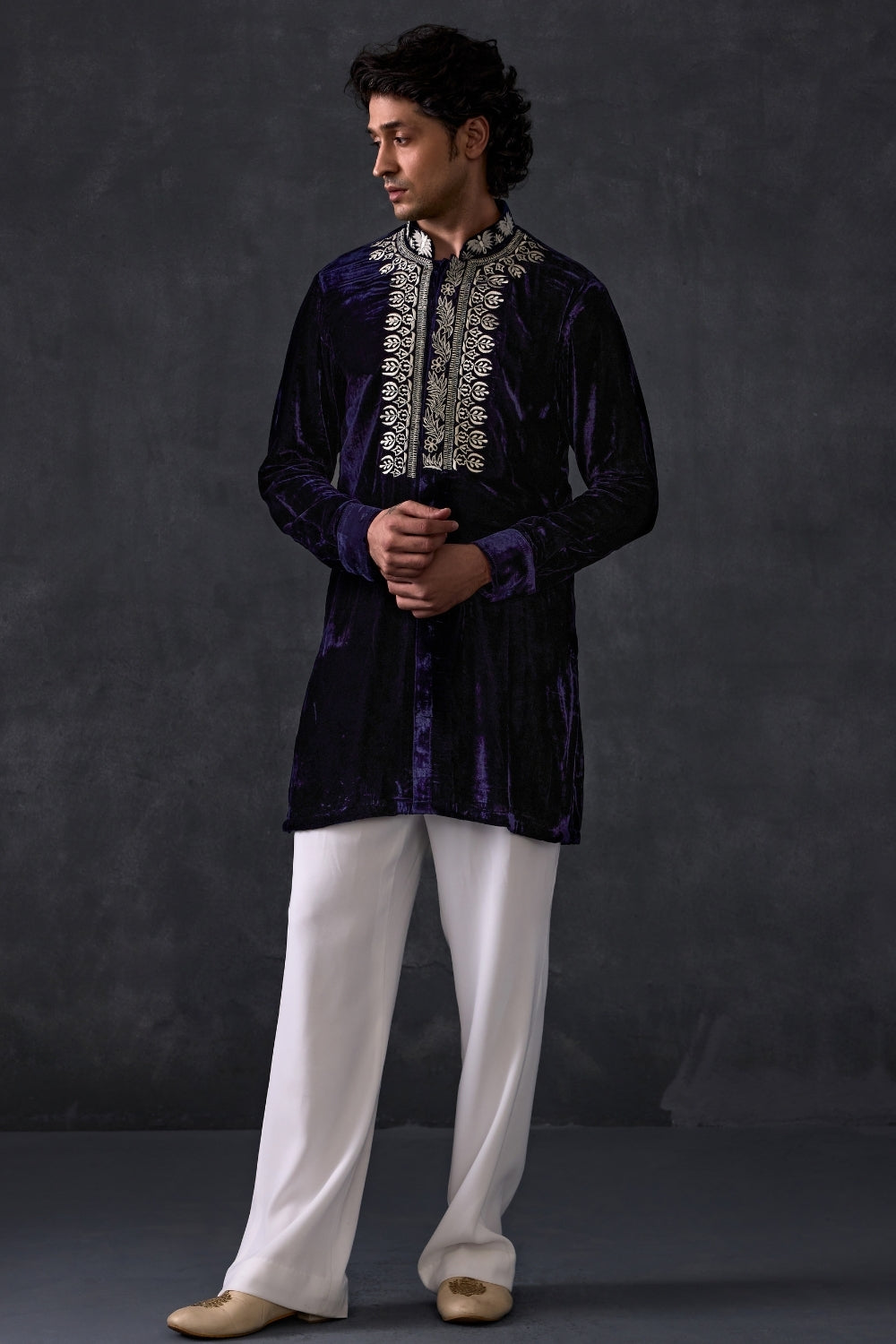 Navy Velvet Kurta With Bootleg Trousers