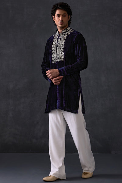 Navy Velvet Kurta With Bootleg Trousers