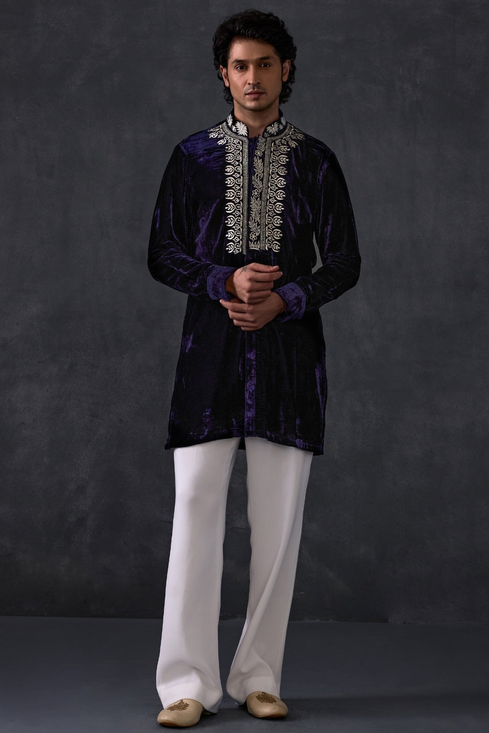 Navy Velvet Kurta With Bootleg Trousers