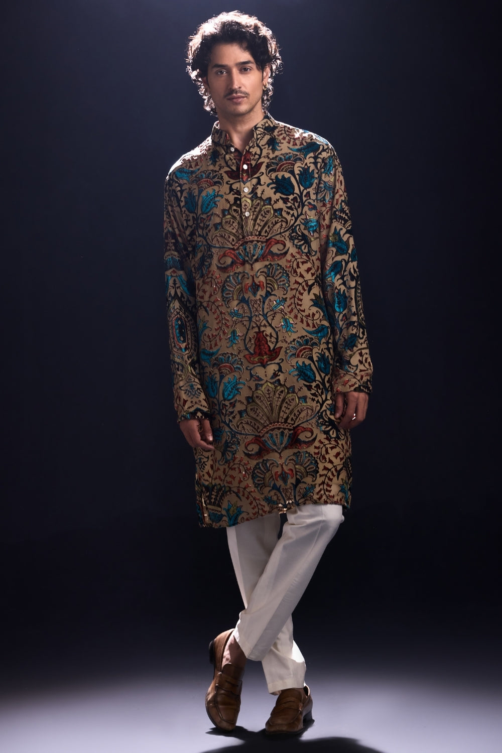 Beige Kurta with Applique Work and White Pants