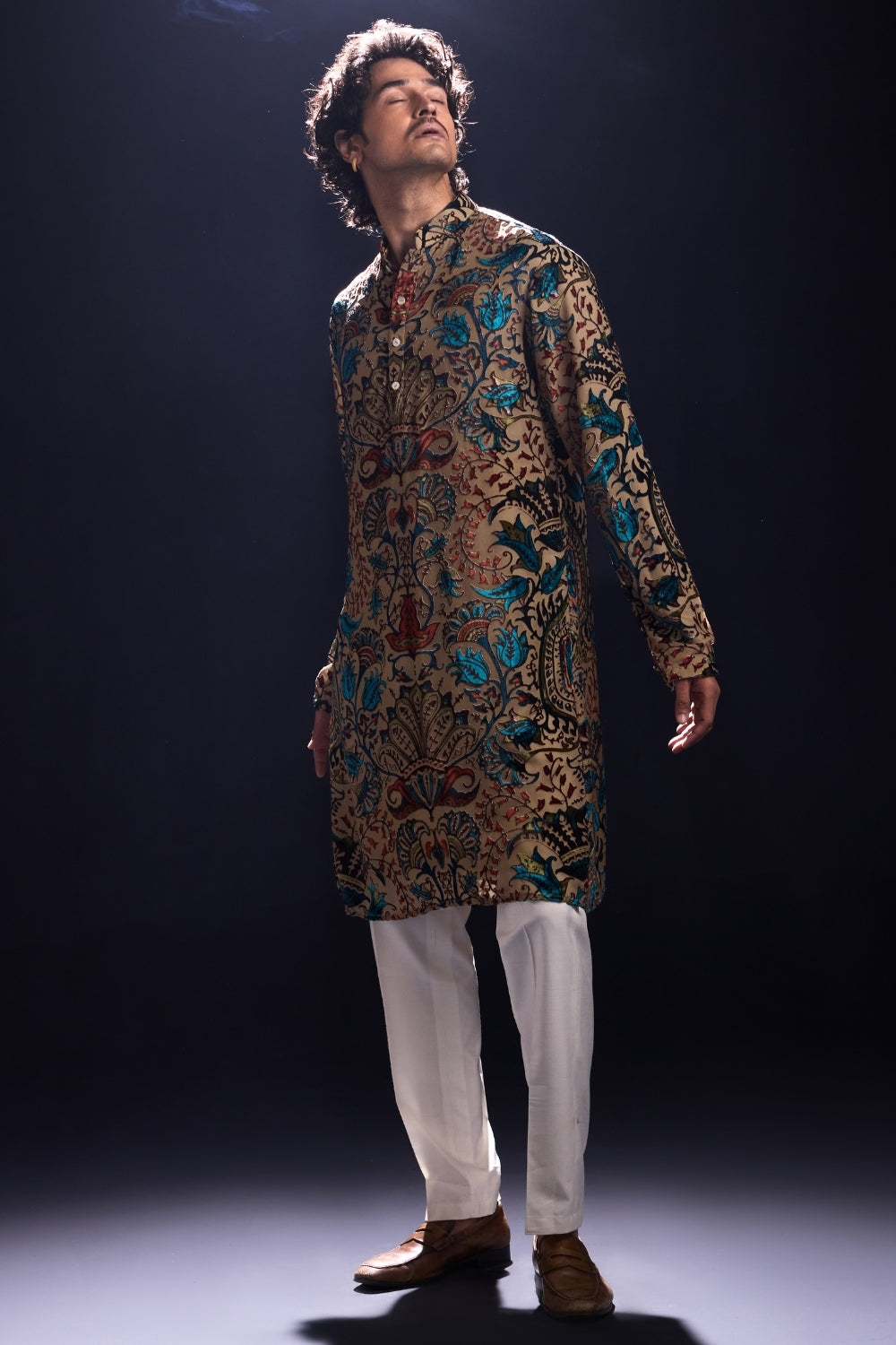 Beige Kurta with Applique Work and White Pants