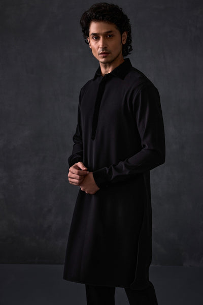 Black Pathani With Velvet Detailing On Collar And Cuff  With Trousers