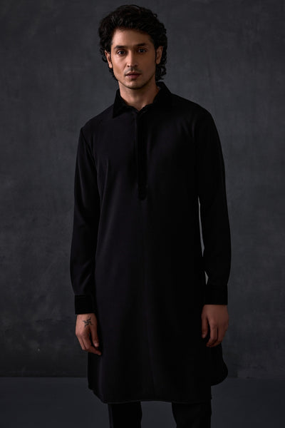 Black Pathani With Velvet Detailing On Collar And Cuff  With Trousers