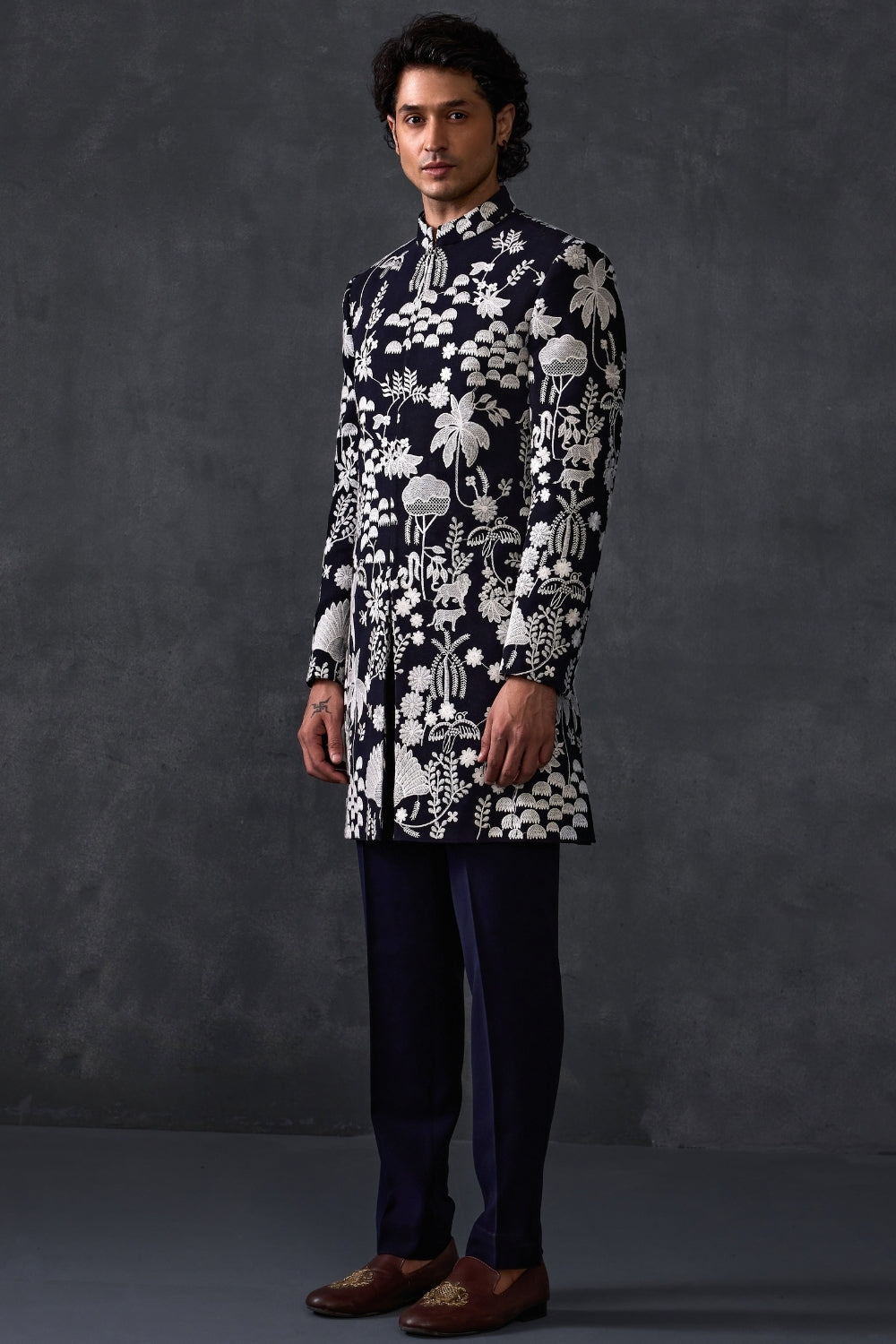 Navy Blue Threadwork Indowestern With Trousers