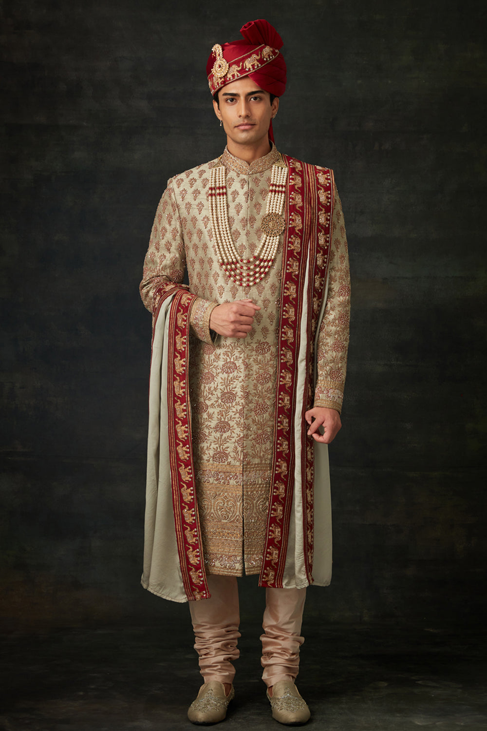 Mint And Maroon Sherwani Set