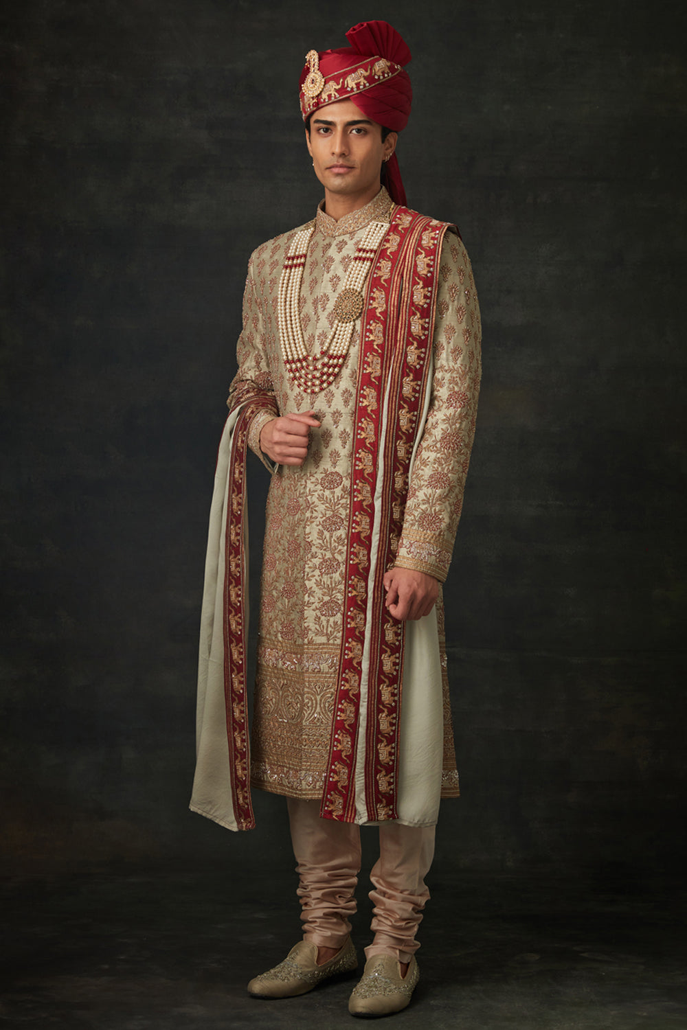 Mint And Maroon Sherwani Set